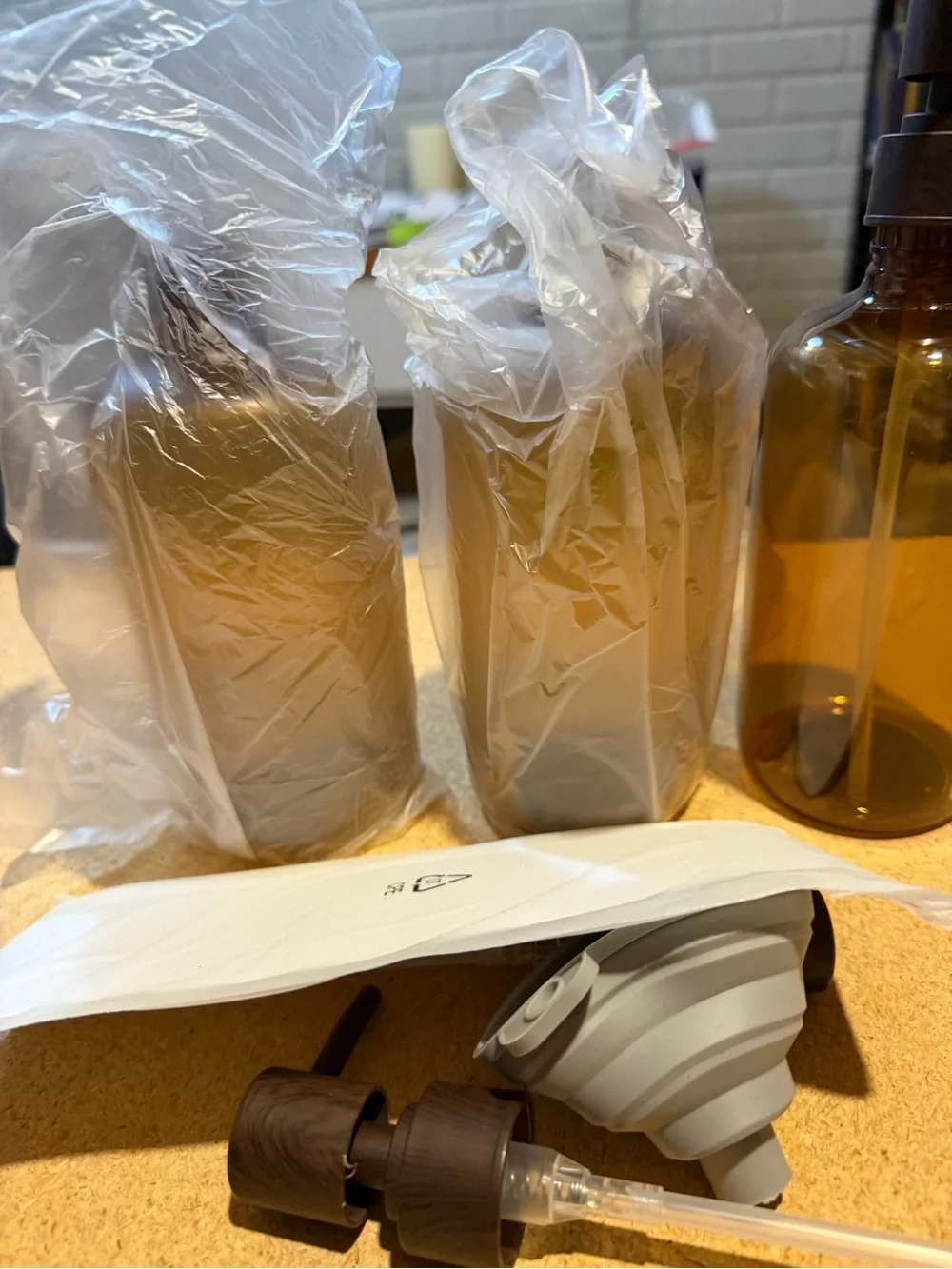 Amber Plastic Refillable Soap & Shampoo Bottles with Pumps